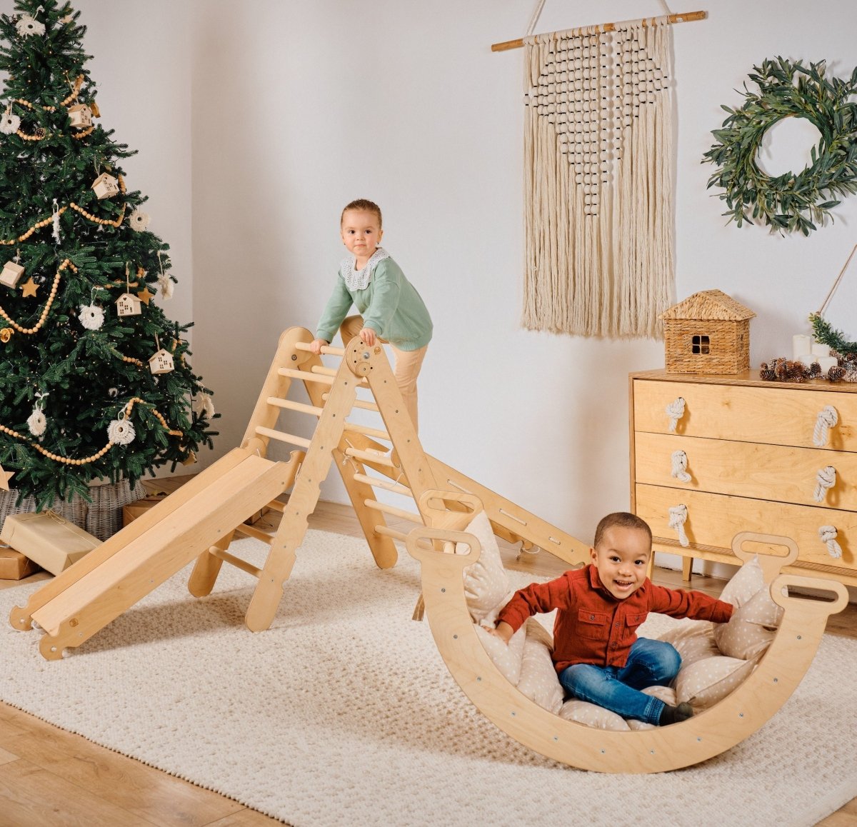 5in1 Montessori Climbing Set: Triangle + Arch + Slide + Climbing Net + Cushion