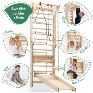 Wooden Swedish Wall + Swing Set + Slide