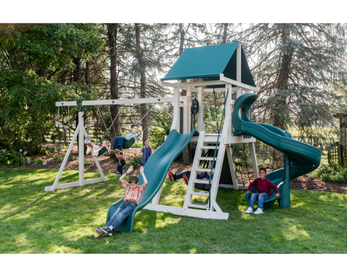 galaxy vinyl swing set with spiral slide lifestyle