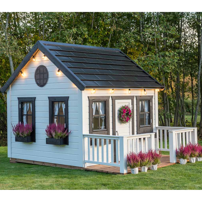 Whole Wood Playhouses Blackbird white with black trim corner view