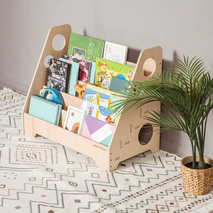 Wood and Hearts Montessori Bookshelf Corner View