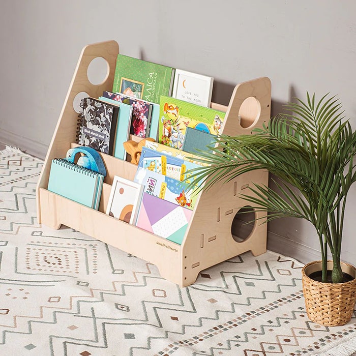 Wood and Hearts Montessori Bookshelf Corner View