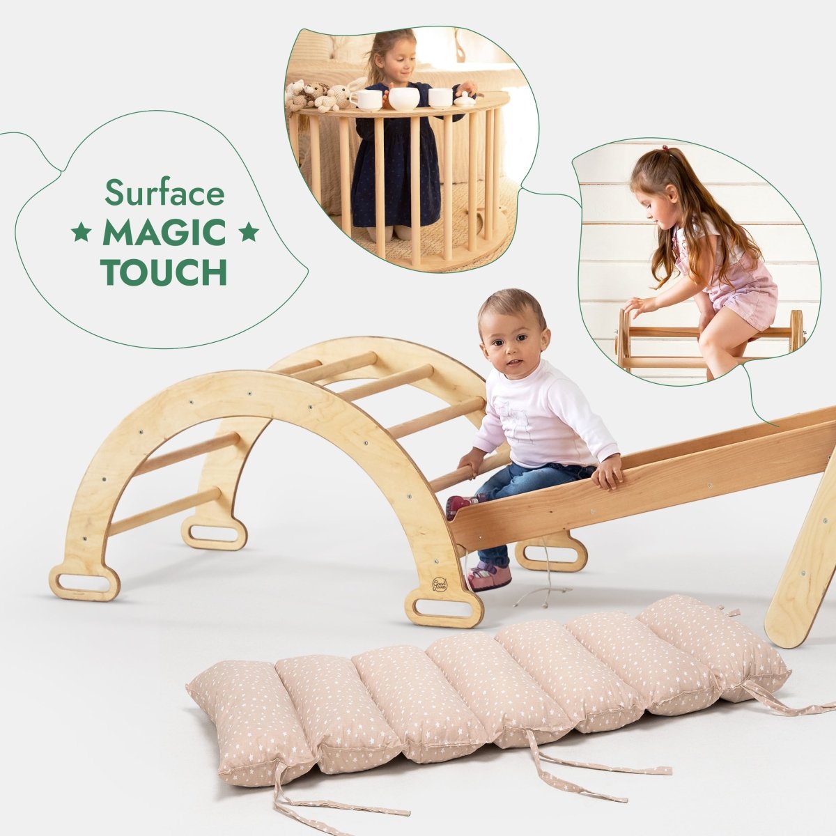 5in1 Montessori Climbing Set: Triangle + Arch + Slide + Climbing Net + Cushion