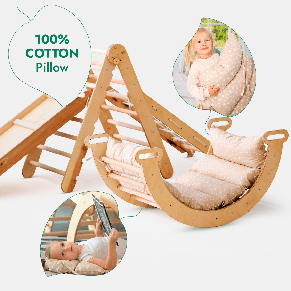 5in1 Montessori Climbing Set: Triangle + Arch + Slide + Climbing Net + Cushion