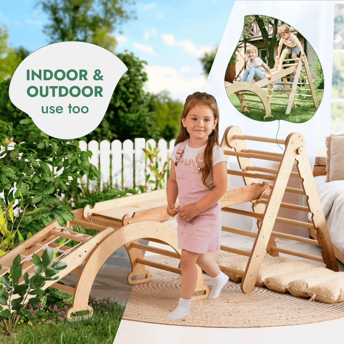 5in1 Montessori Climbing Set: Triangle + Arch + Slide + Climbing Net + Cushion
