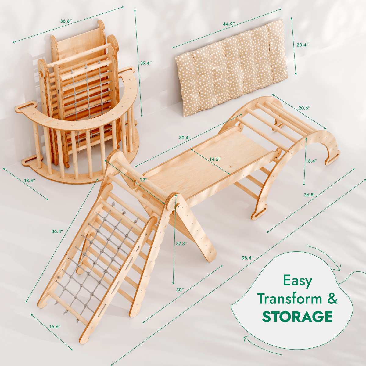 5in1 Montessori Climbing Set: Triangle + Arch + Slide + Climbing Net + Cushion