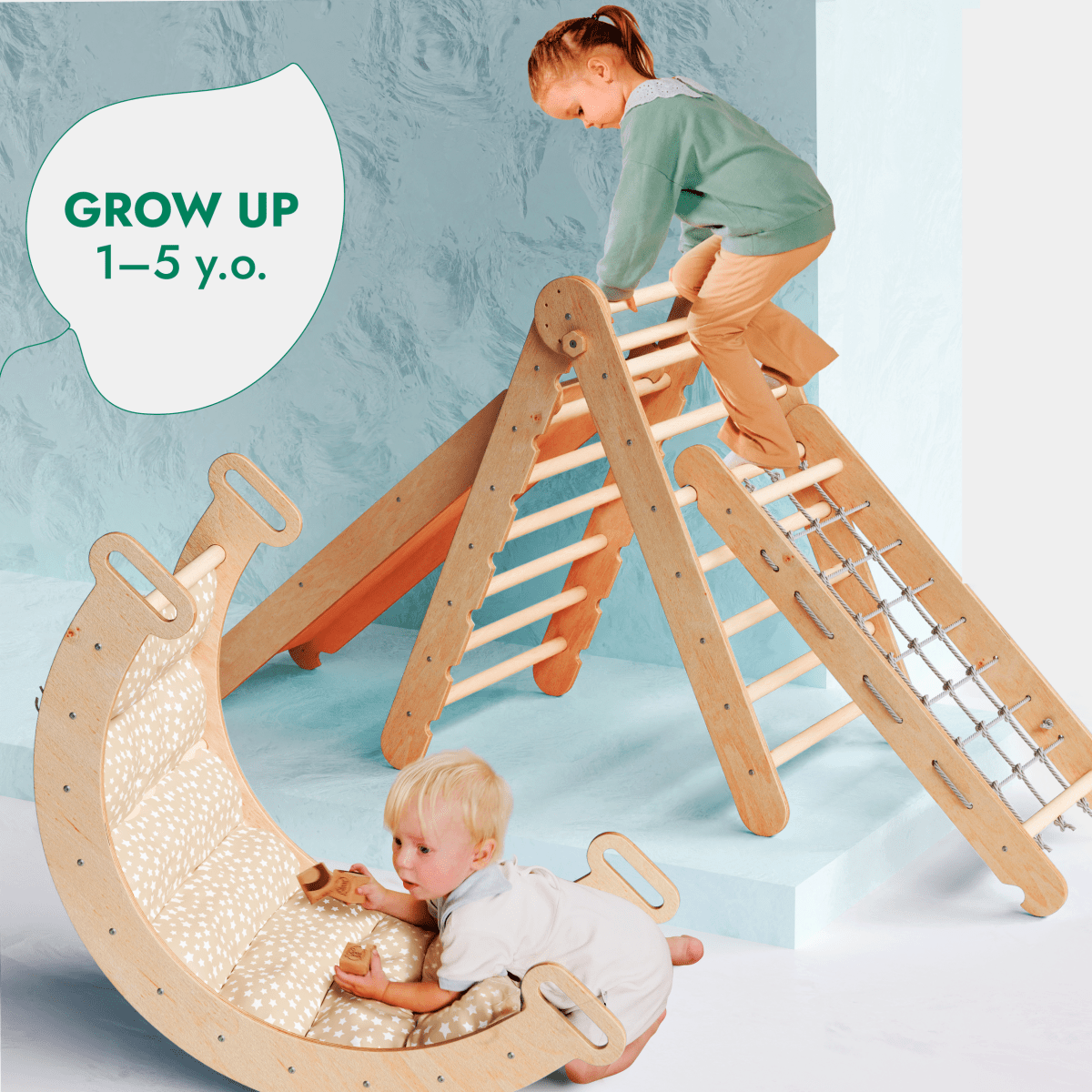 5in1 Montessori Climbing Set: Triangle + Arch + Slide + Climbing Net + Cushion