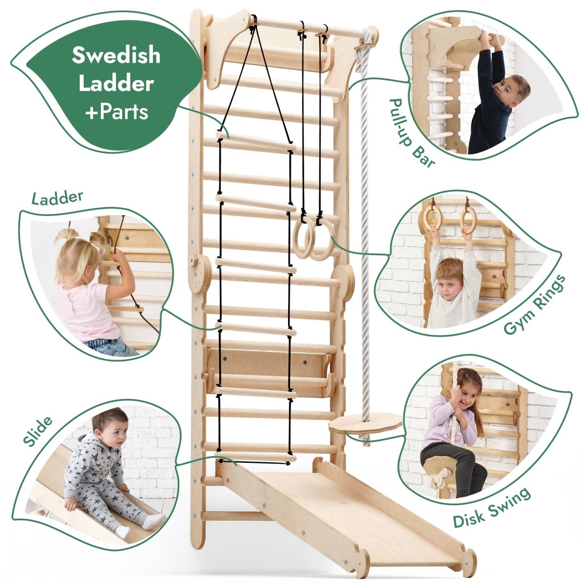 Wooden Swedish Wall + Swing Set + Slide