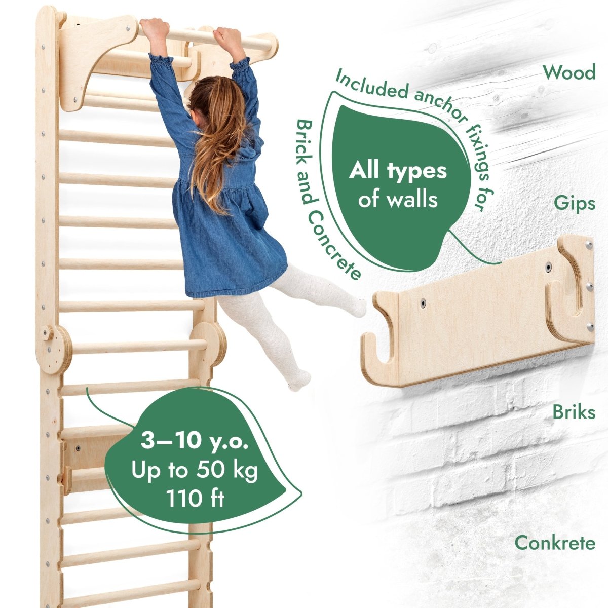 Wooden Swedish Wall + Swing Set + Slide