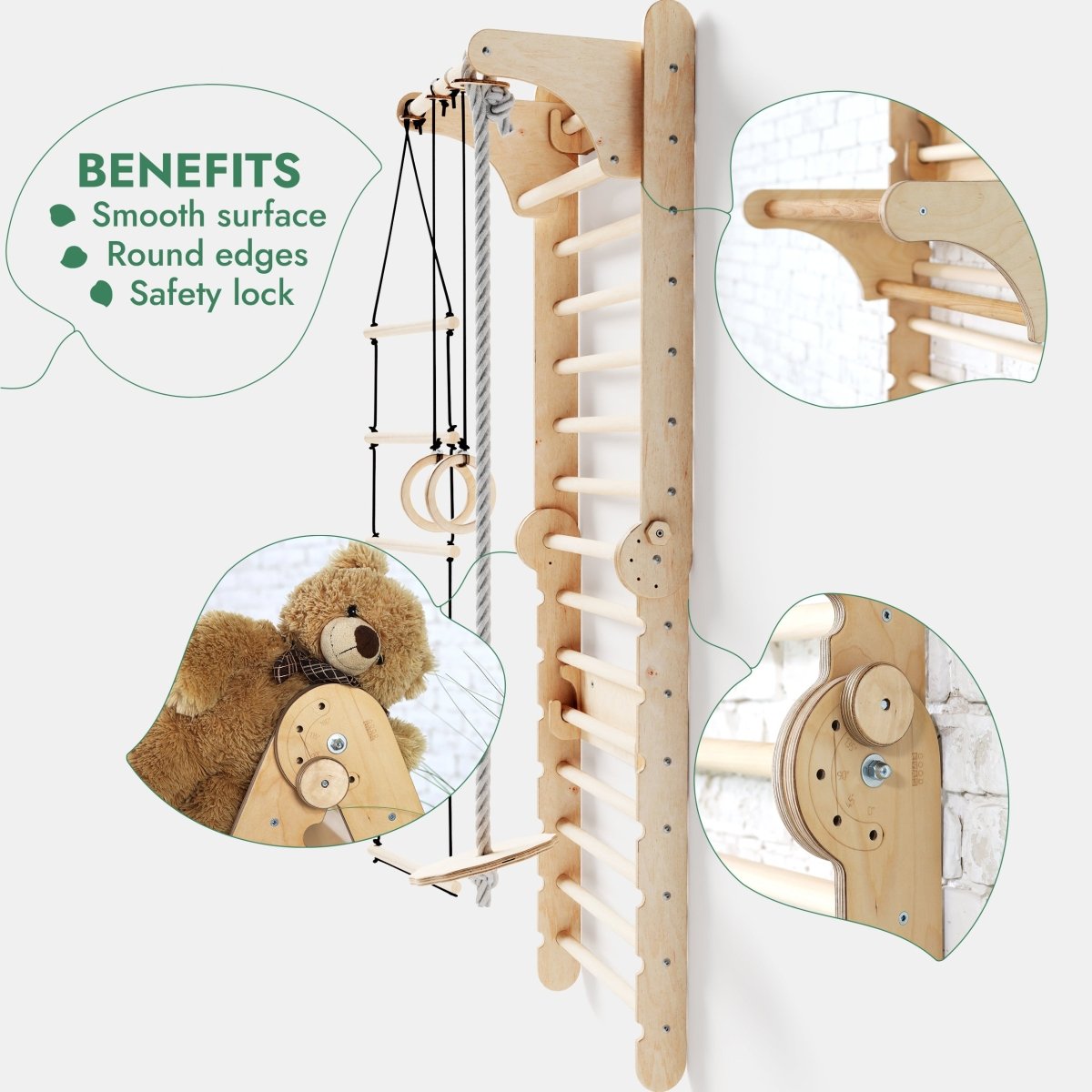 Wooden Swedish Wall + Swing Set + Slide