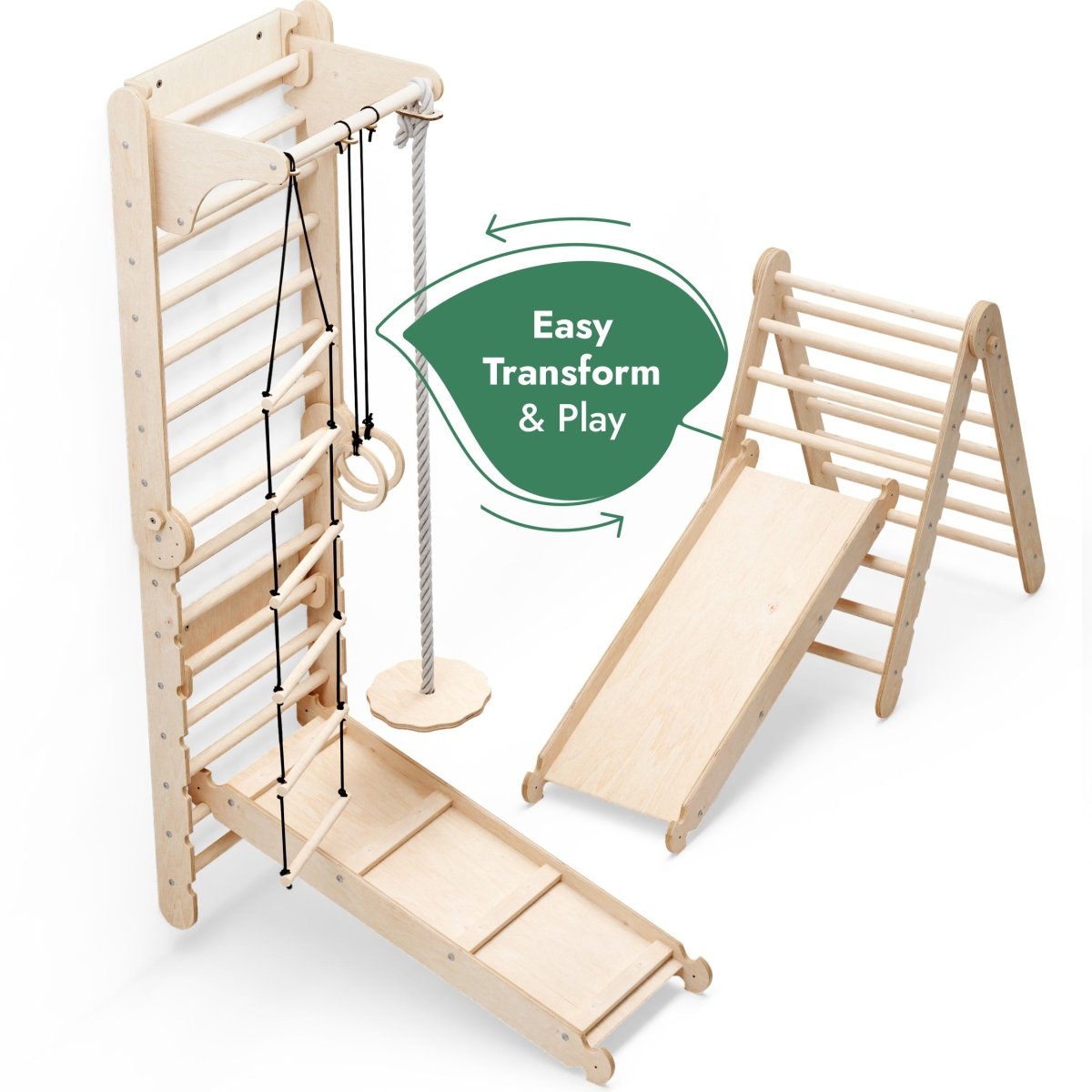 Wooden Swedish Wall + Swing Set + Slide