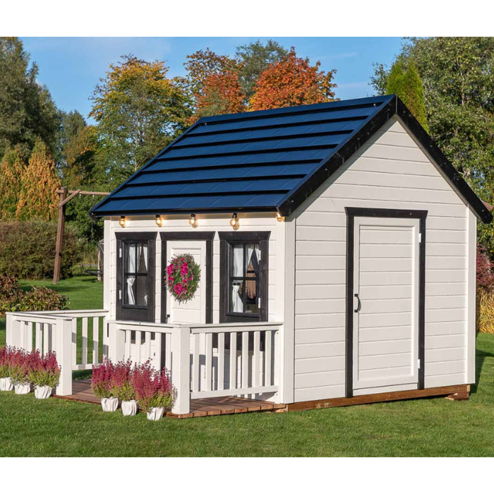 Whole Wood Playhouses Blackbird white with black trim side view