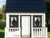 Whole Wood Playhouses Blackbird white with black trim front view