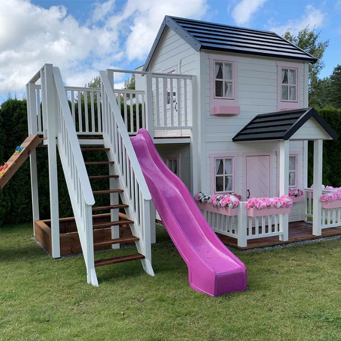 Whole Wood Playhouse two story playhouse with slide pricess left side