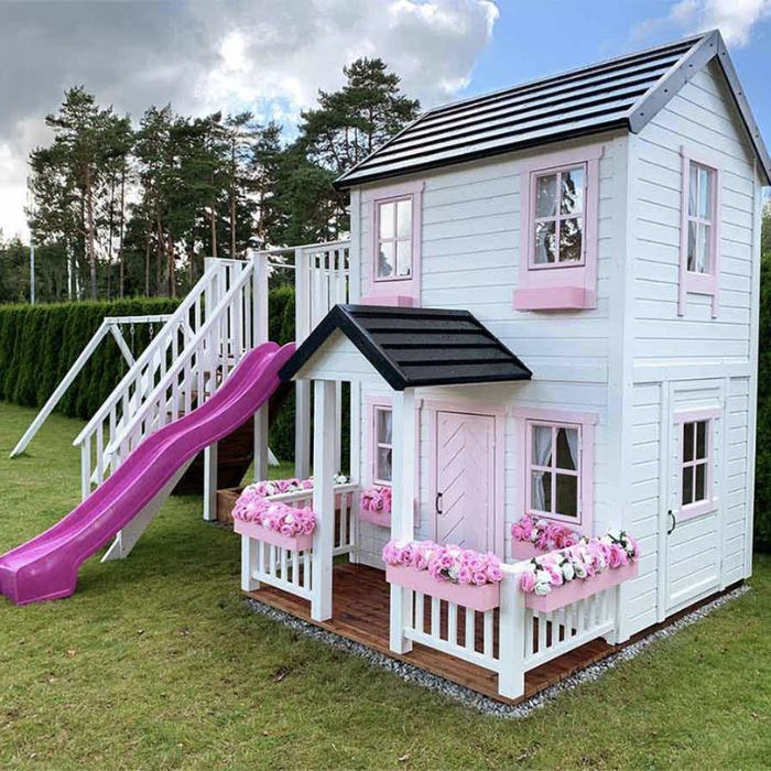Whole Wood Playhouse two story playhouse with slide pricess side