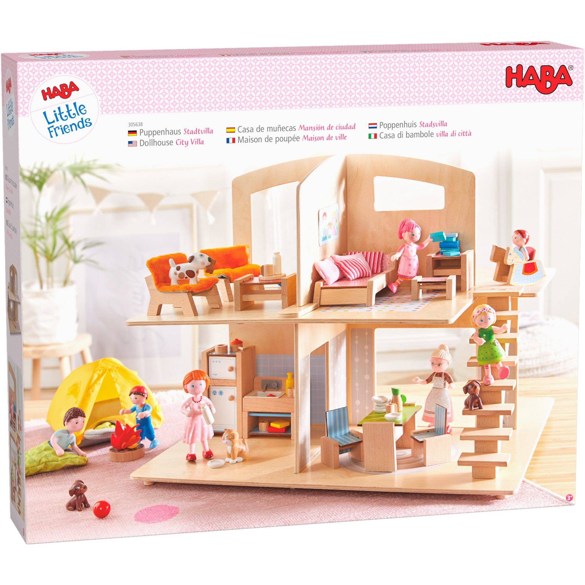 HABA USA Little Friends Dollhouse Town Villa with Furniture Box