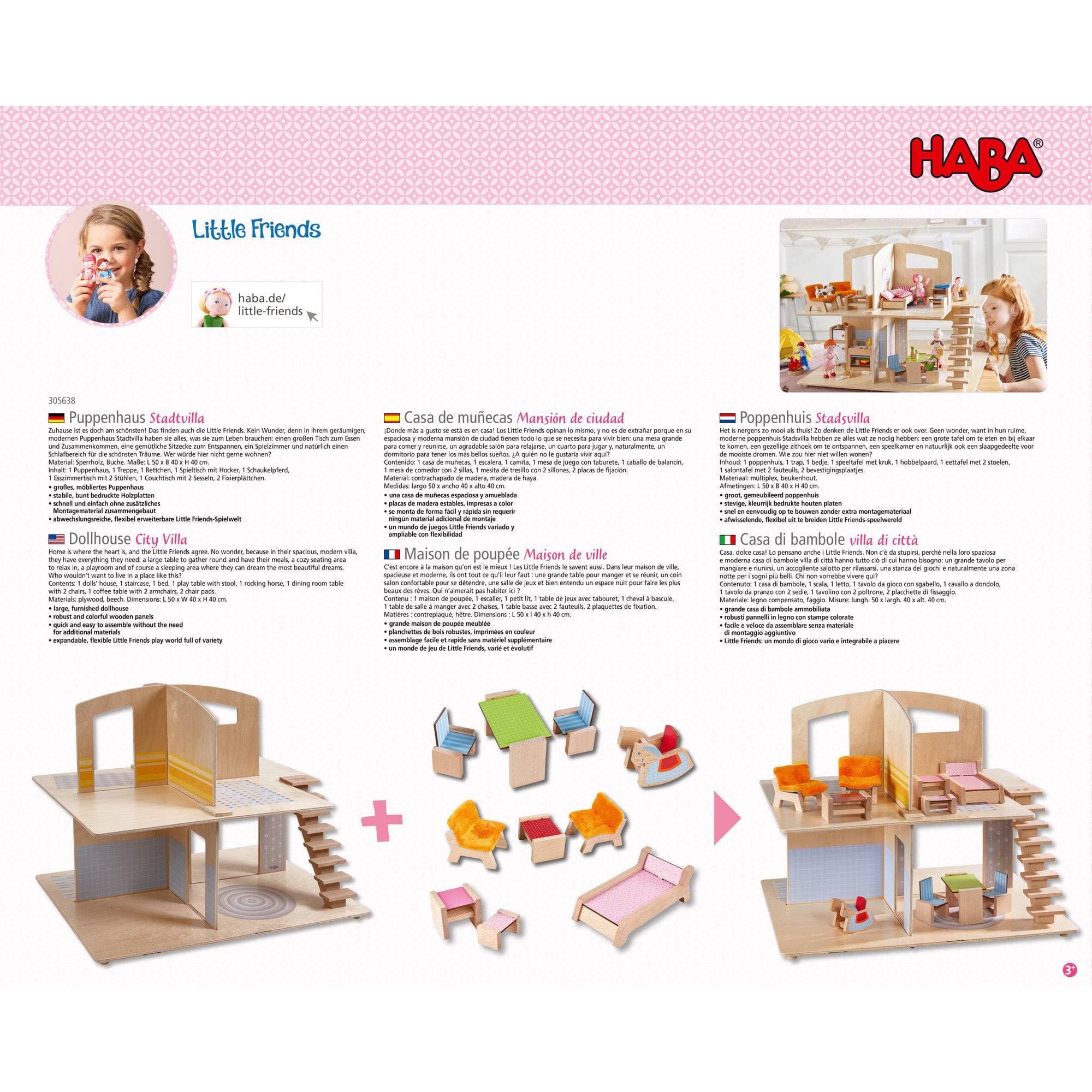 HABA USA Little Friends Dollhouse Town Villa with Furniture Instruction