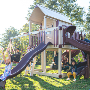 Orion’s Hideout Vinyl Swing Set with Playhouse and spiral slide