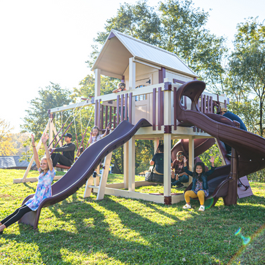 Orion’s Hideout Vinyl Swing Set with Playhouse and spiral slide