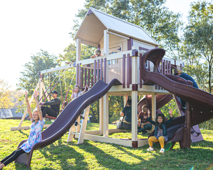 Orion’s Hideout Vinyl Swing Set with Playhouse and spiral slide