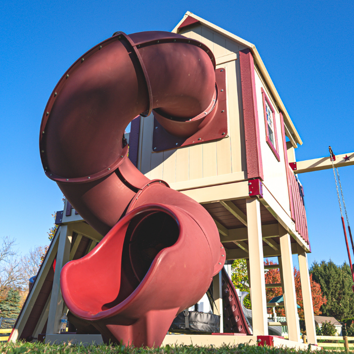 Orion’s Hideout Vinyl Swing Set with Playhouse tube slide