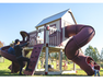 Orion’s Hideout Vinyl Swing Set with Playhouse back view