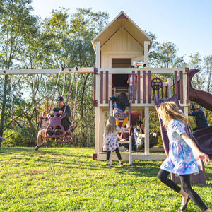 Orion’s Hideout Vinyl Swing Set with Playhouse and 3 slides