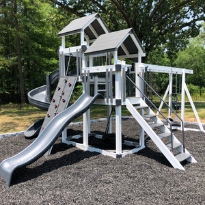 space shuttle vinyl swing set with spiral slide and rock wall