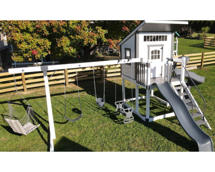 Star Gazer Vinyl Swing Set with Playhouse — AlignedPlay