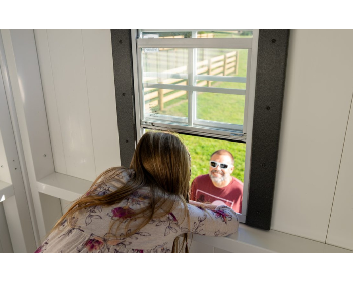 Star Gazer Vinyl Swing Set with playhouse window