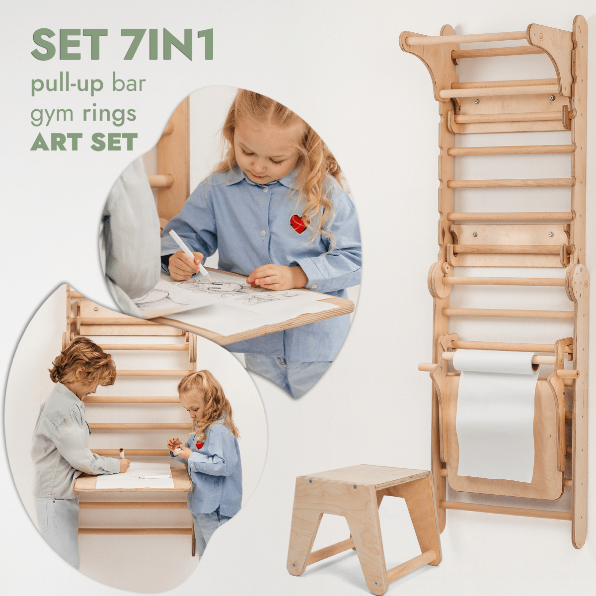 Swedish Wall for Kids + Swings+ Slide + Art Add-on