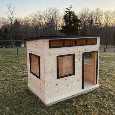 Ella's Contemporary Playhouse in Natural Wood with Black Trim Front Side View