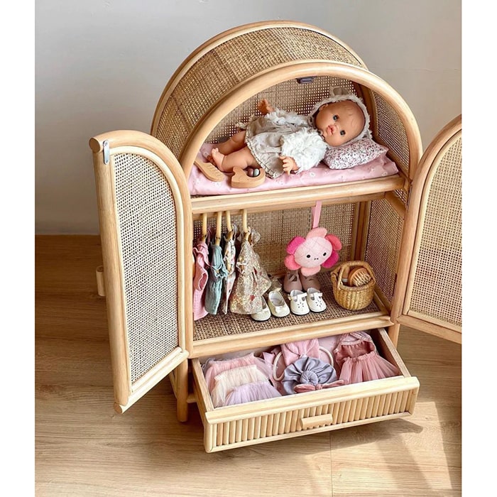 Ellie & Becks Sloane Doll Cabinet In Rattan Top View Open