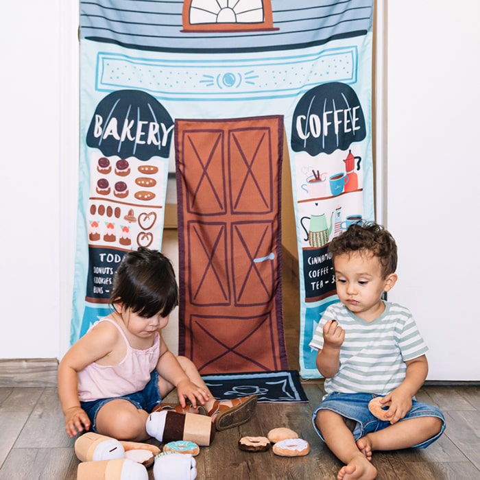Wonder & Wise Reversible Coffee Shop and Library Doorway Playhouse Kids Playing